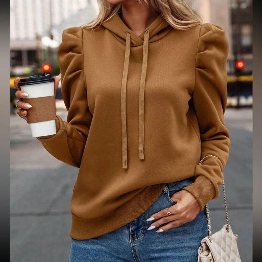 Cozy gigot sleeve drawstring hoodie apricot - Picture 12 of 16